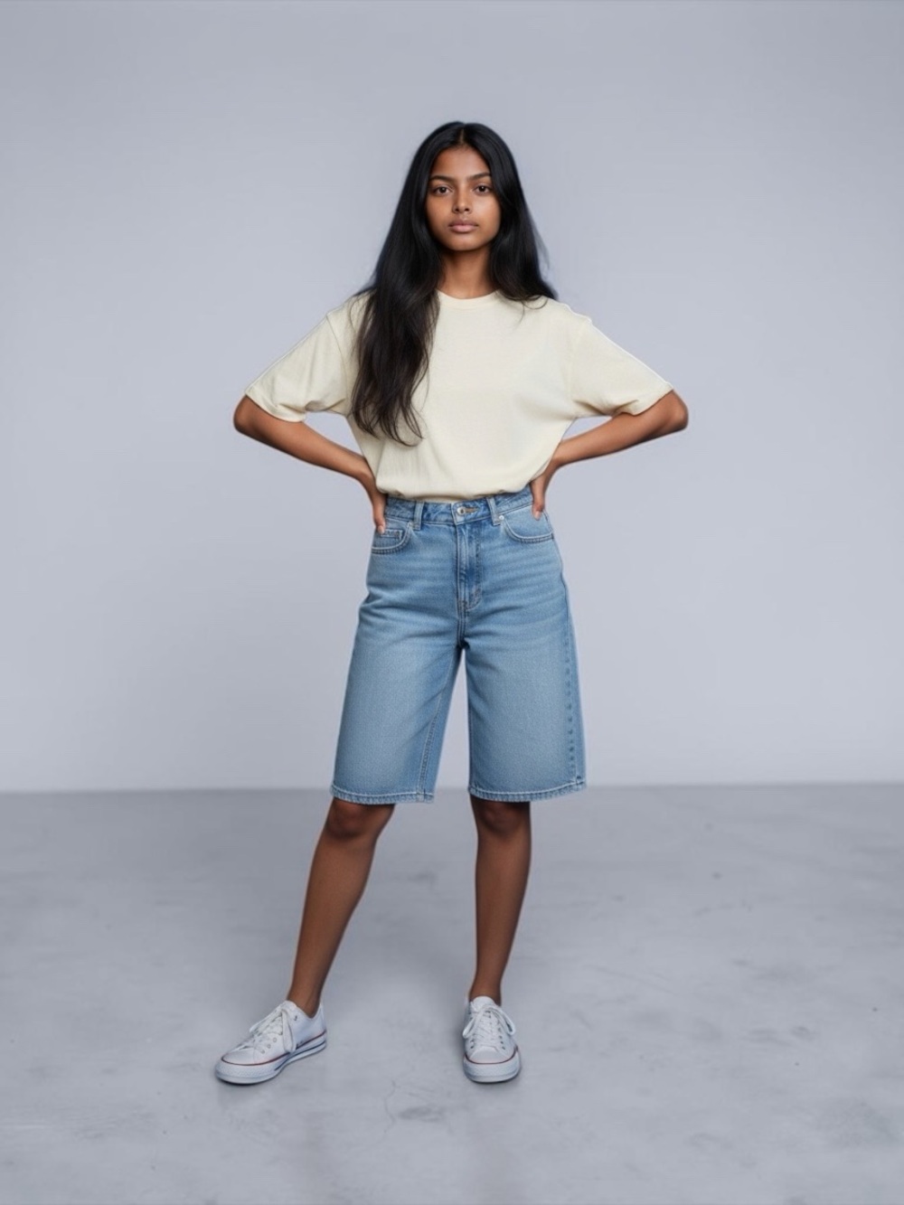 High-Rise Light Blue Denim Bermuda Shorts